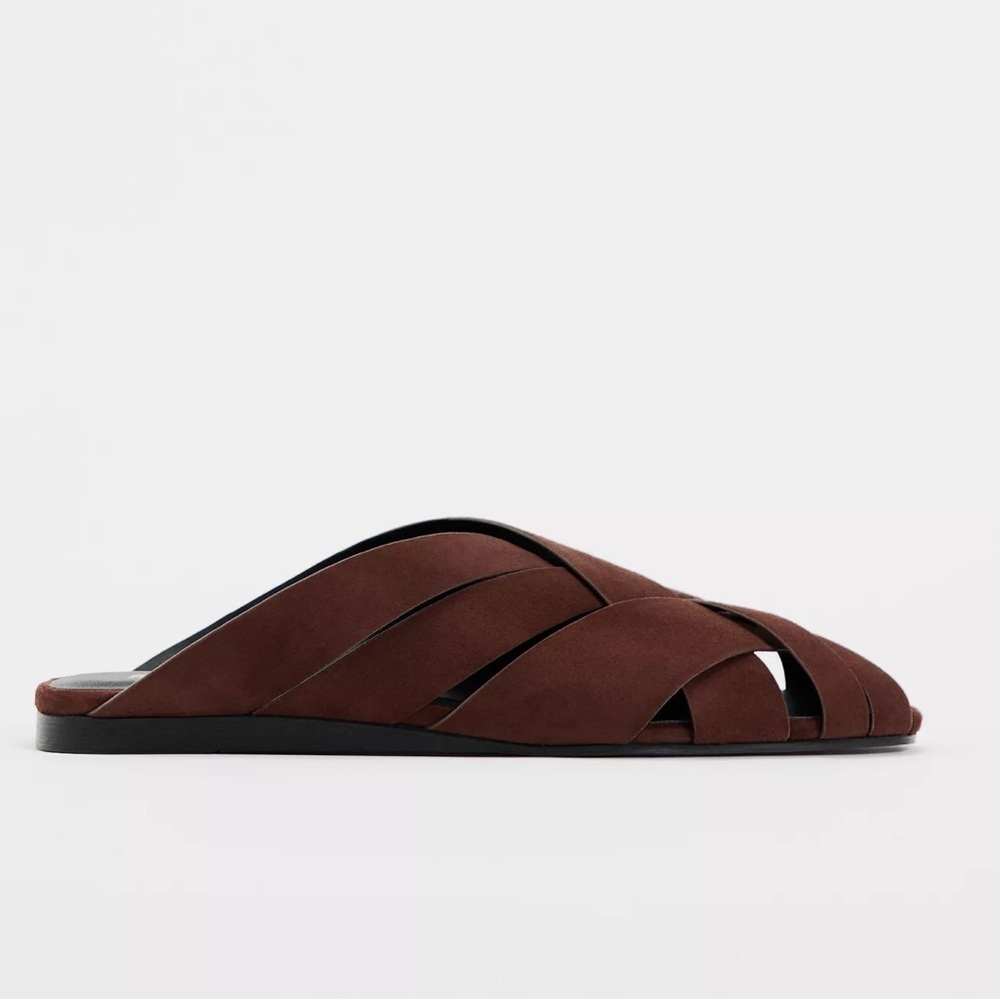 nwot sold out zara suede woven mule flat brown sandals 6.5 nwob